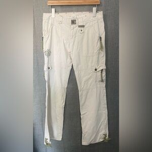Y2K Cream Cargo Pants Womens Sz Small (32 in) Zip Pockets Leaf Design Green Tabs